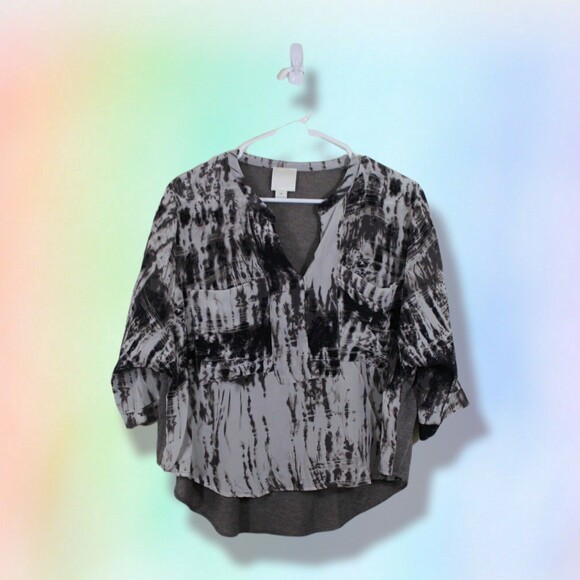 Line & Dot Sz M Pockets Silk Mix Media Crop Blouse Top - Picture 3 of 8